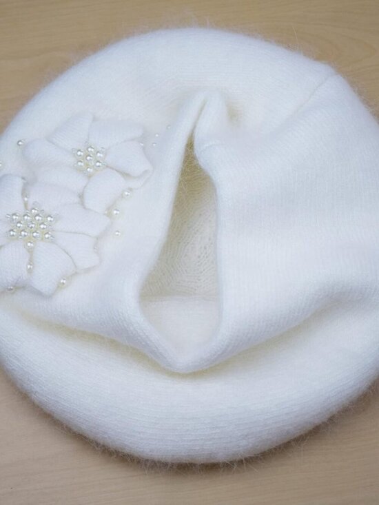 Women\'s Winter Knit Beret Hat Rabbit Hair French Warm Casual Beanie Hat White